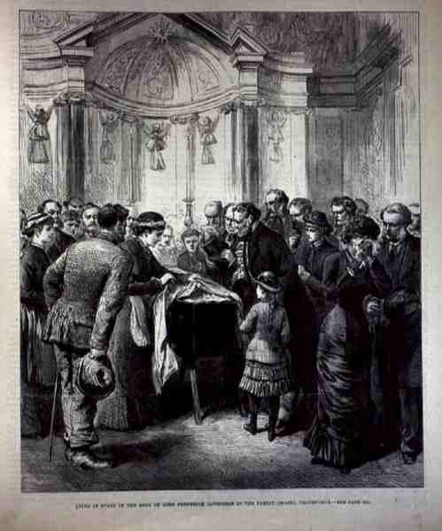 Liggende i staten, Lord Frederick Cavendishs (1836-82) lig i Family Chapel, Chatsworth, fra The Illustrated London News, 20. maj 1882 af English School