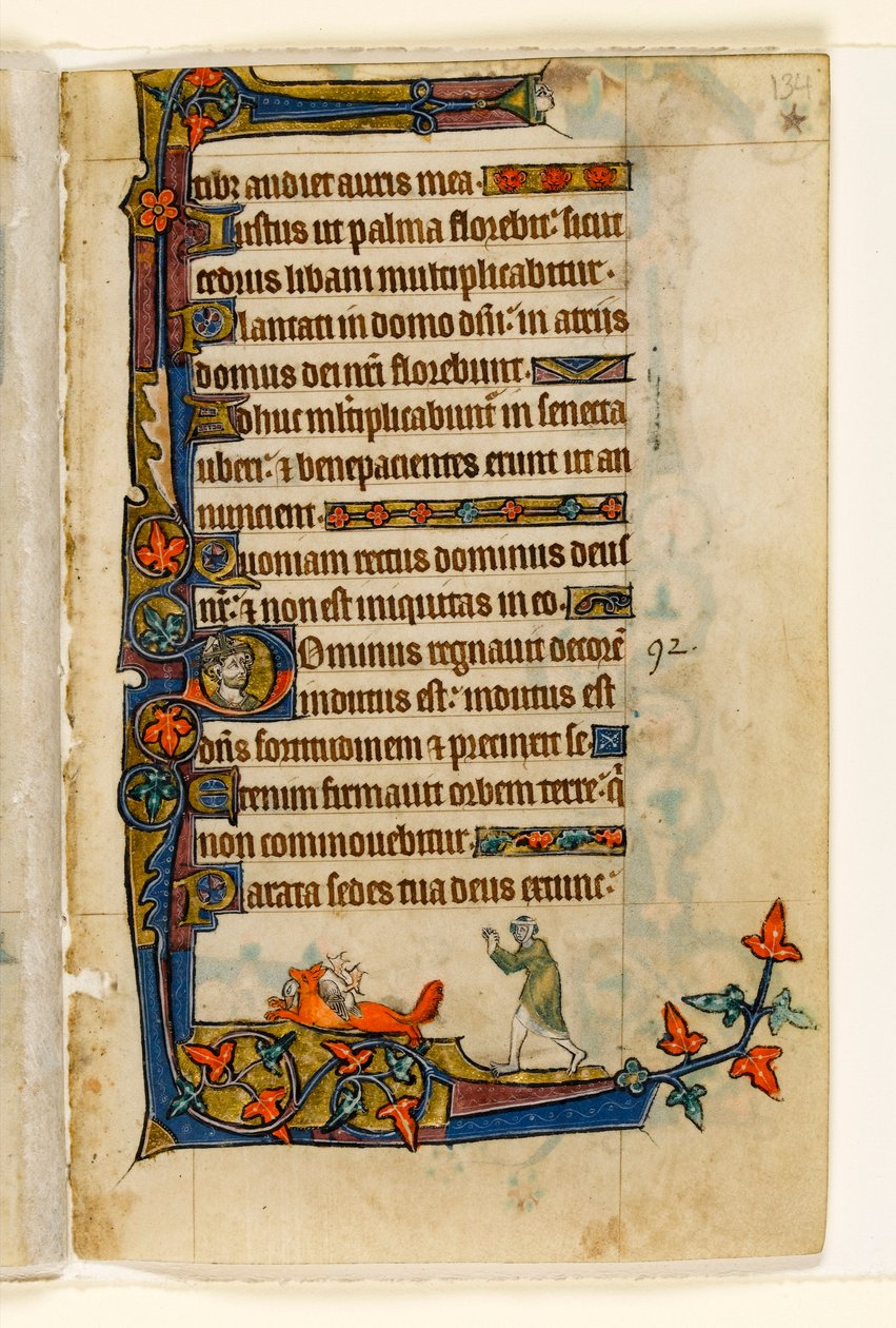 MS 1-2005, fol. 134r: En ræv løber væk med bondens kones and, marginal dekoration fra Macclesfield Psalter, Use of Sarum, East Anglia, ca. 1330 af English School
