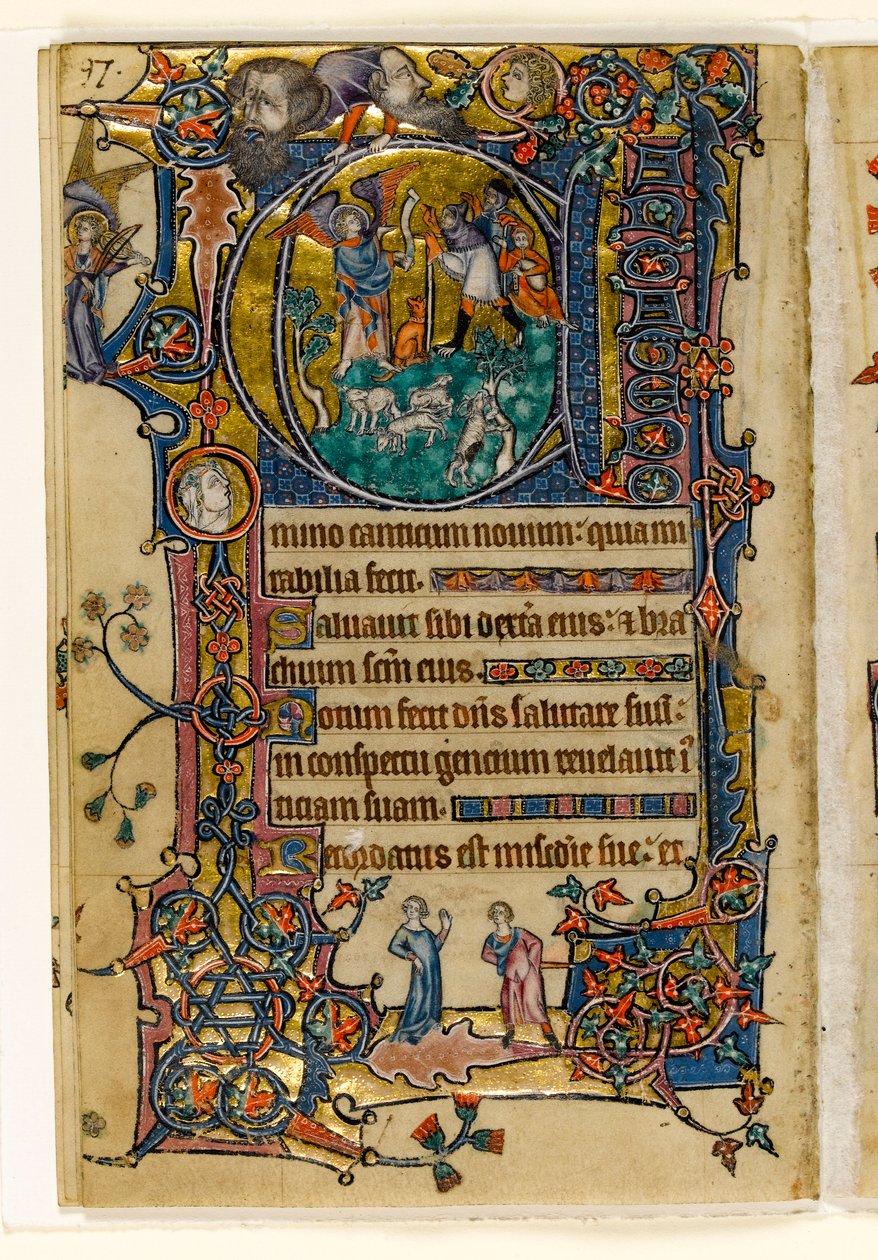 MS 1-2005, fol. 139v: The Annunciation to the Shepherds, historisk initial fra Macclesfield Psalter, Use of Sarum, East Anglia, ca. 1330 af English School