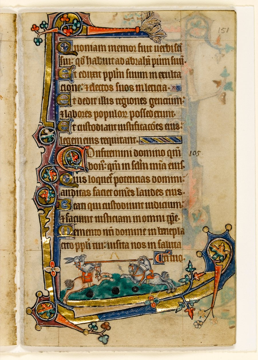 MS 1-2005, fol. 151r: A Hound and Rabbit Jousting, marginal dekoration fra Macclesfield Psalter, Use of Sarum, East Anglia, ca. 1330 af English School