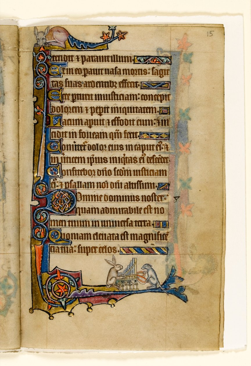 MS 1-2005, fol. 15r: En hare og en hund spiller et orgel, marginal dekoration fra Macclesfield Psalter, Use of Sarum, East Anglia, ca. 1330 af English School