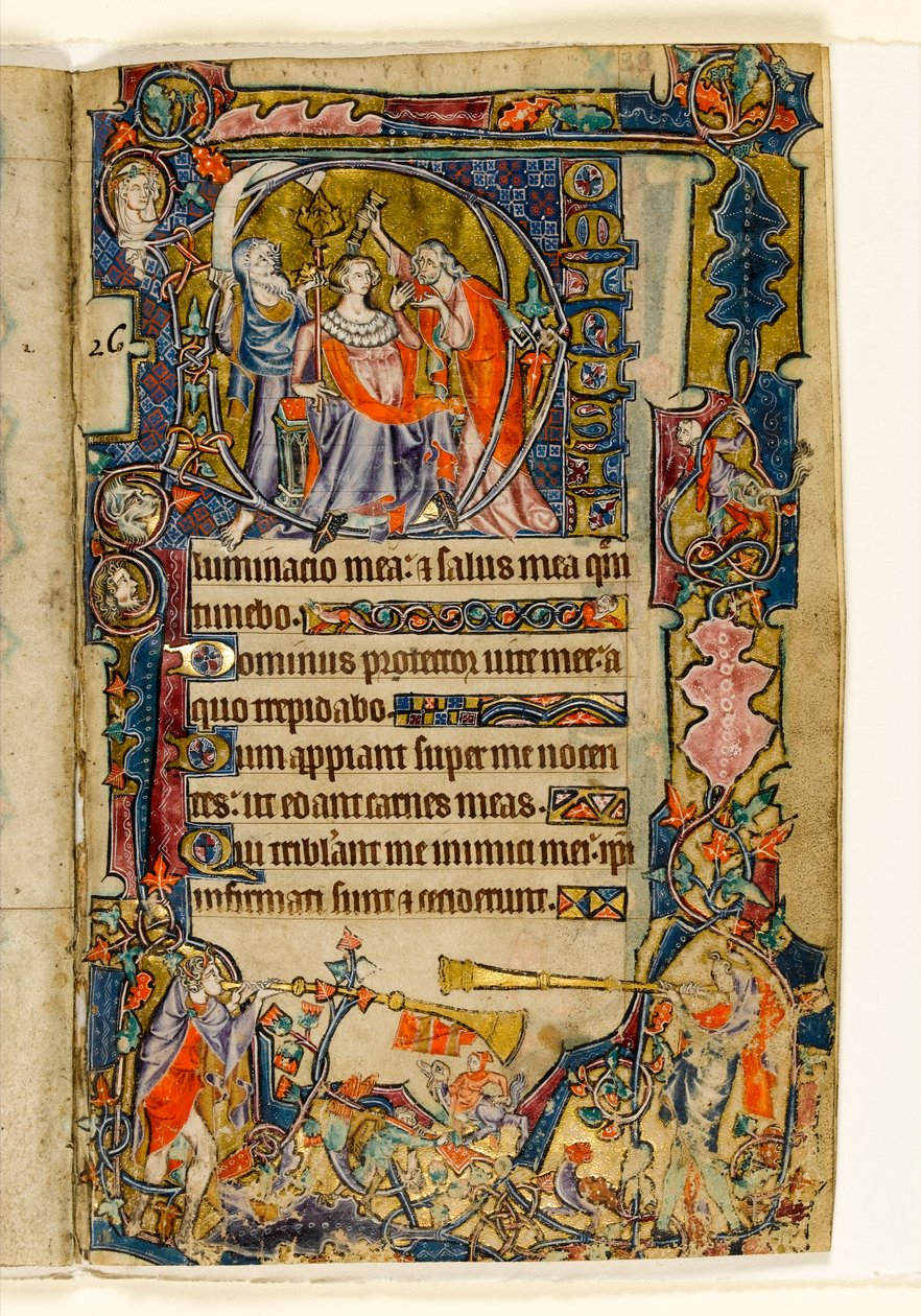 MS 1-2005, fol. 39r: The Anointing of David and Trumpeters, historisk initial fra Macclesfield Psalter, Use of Sarum, East Anglia, ca. 1330 af English School