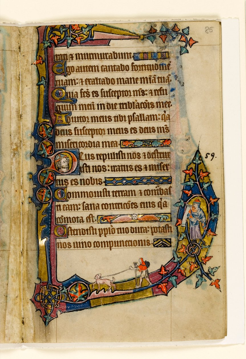 MS 1-2005, fol. 85r: A Penitant med hund, marginal dekoration fra Macclesfield Psalter, Use of Sarum, East Anglia, ca. 1330 af English School