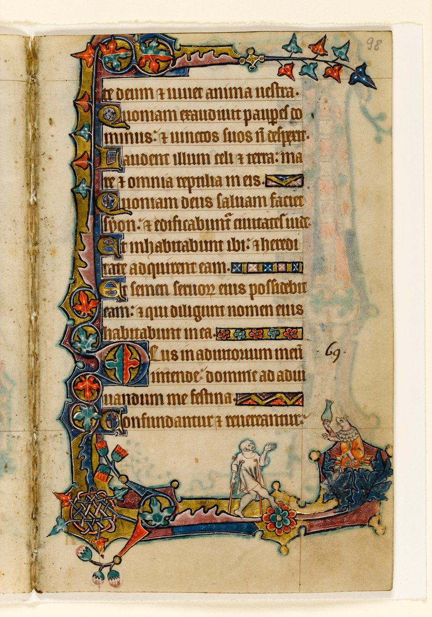 MS 1-2005, fol. 98r: A Beggar and a Wealthy Pig (?), marginaldekoration fra Macclesfield Psalter, Use of Sarum, East Anglia, ca. 1330 af English School