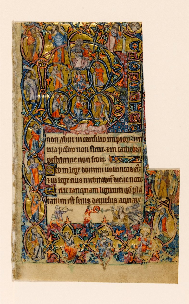 MS 1-2005, fol. 9r: The Tree of Jesse and the Beatus indledende grænse med musiker og grotesk kamp, fra Macclesfield Psalter, Use of Sarum, East Anglia, ca. 1330 af English School