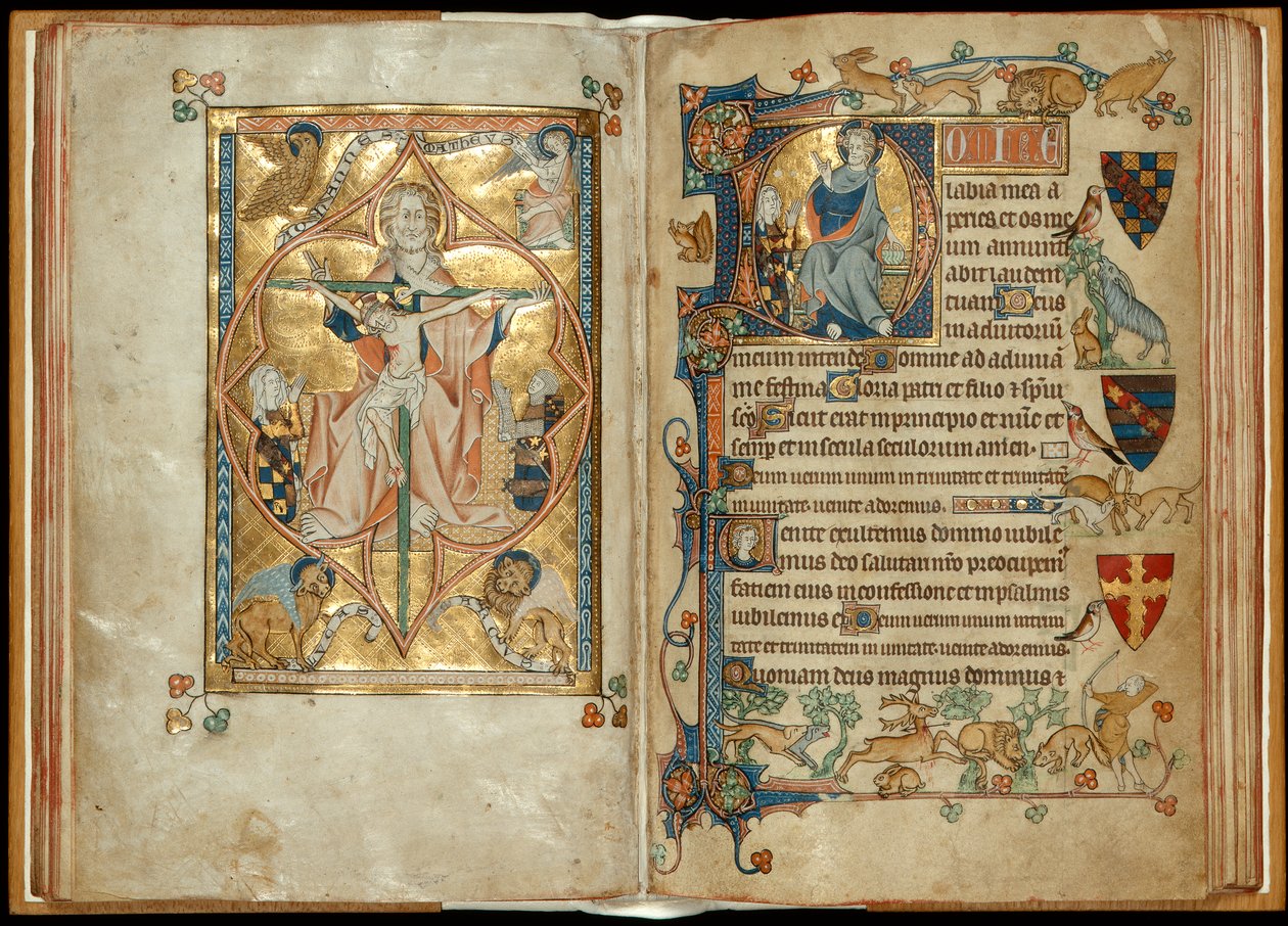 MS 242 f. 28v-29r Barmhjertighedens trone med lånere, Kristus velsignelse med en protektor, c.1314-30 (bladguld & tempera på pergament) af English School
