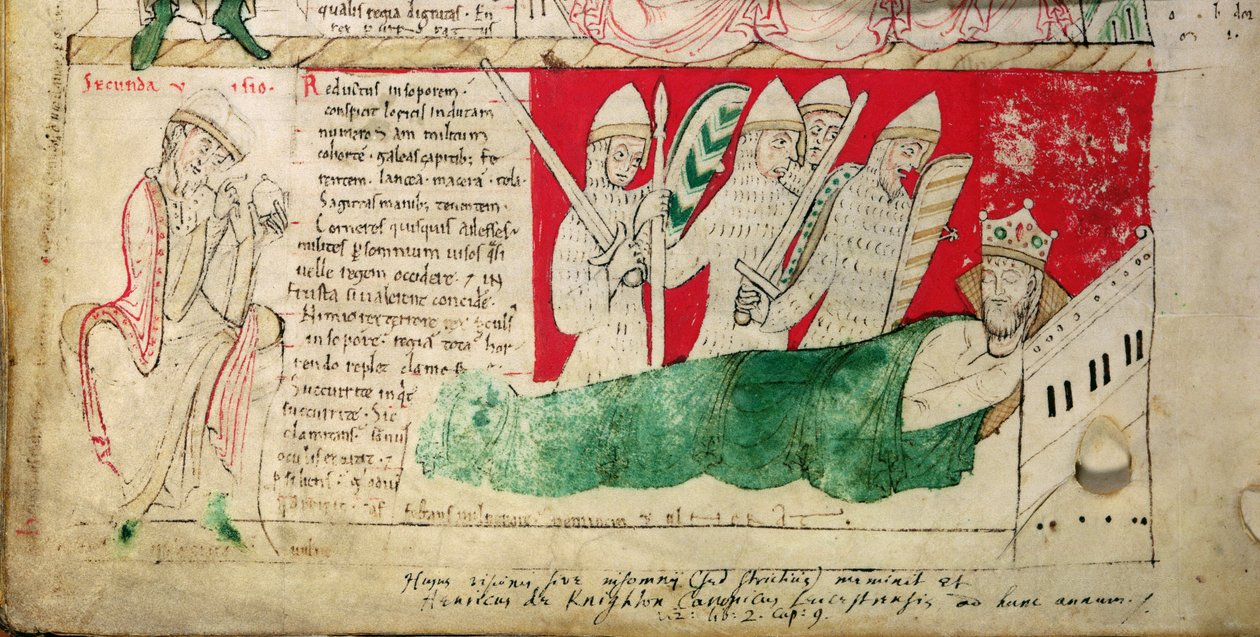 MS CCC 157 s.382 Visionerne drømt af kong Henry I i Normandiet i 1130, indsat ca. 1140 af John af Worcester i krøniken påbegyndt af Florence af Worcester (d.1118) ca. 1130-40 (pergament) (detalje af 95503) af English School