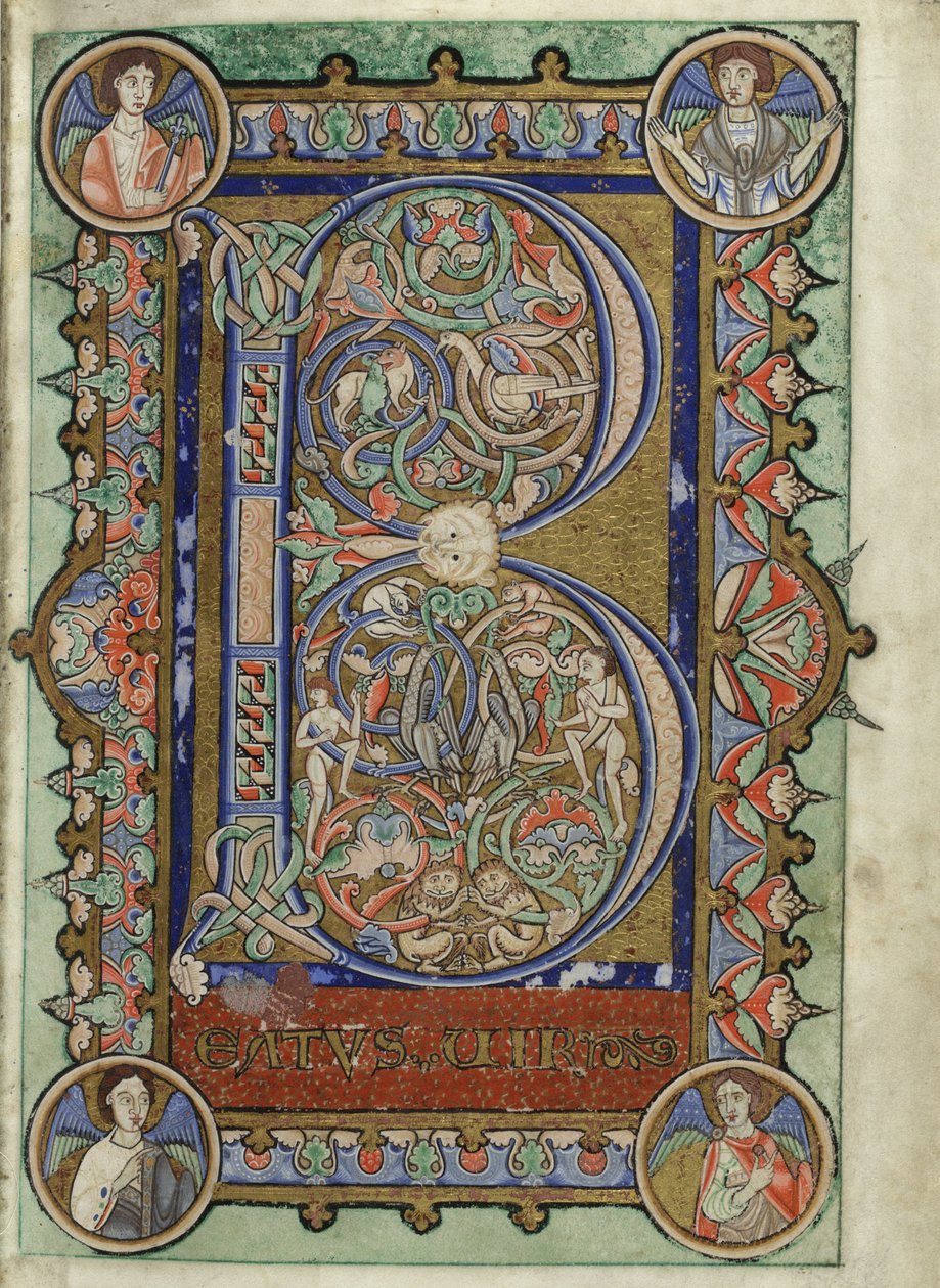 MS Hunter 229 f.22r fra Hunterian Psalter, ca. 1170 (pen & blæk og tempera på vellum) af English School