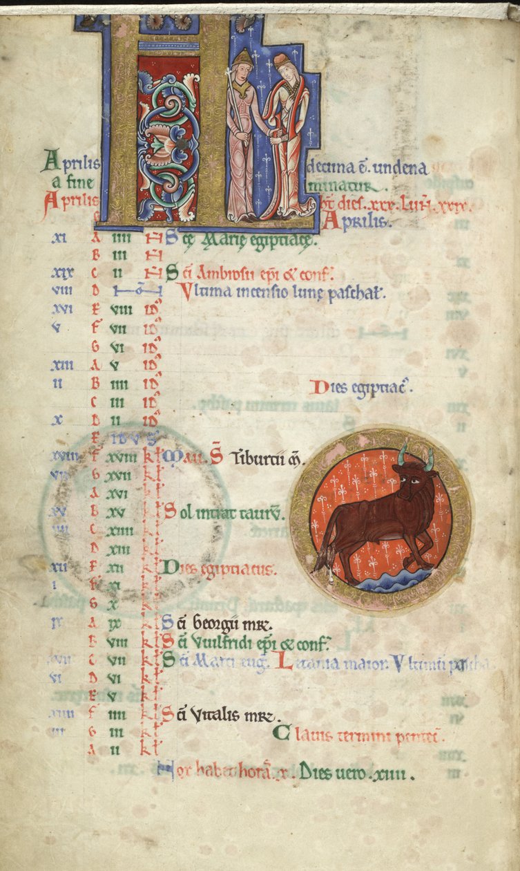 MS Hunter 229 f.2v April, fra Hunterian Psalter, c.1170 (pen & blæk, og tempera på vellum) af English School