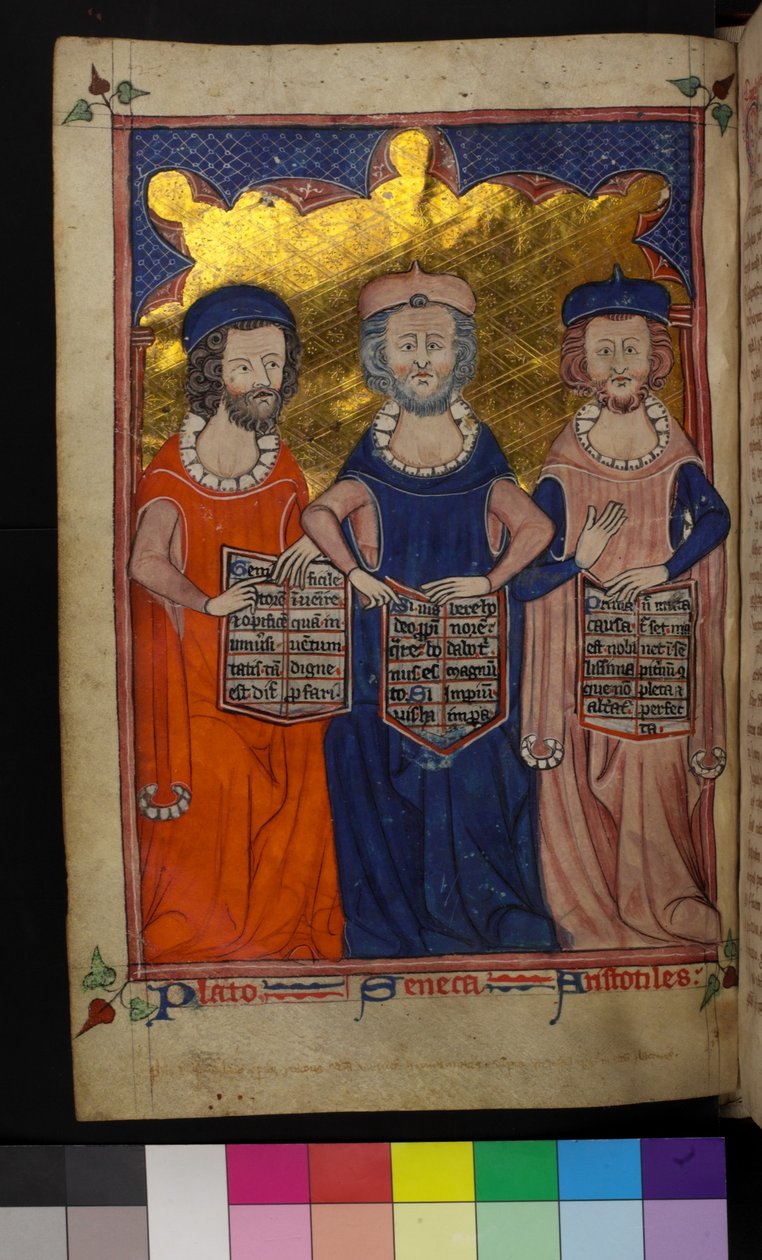 MS Hunter 231 Illustration af Platon, Seneca og Aristoteles (vellum) af English School