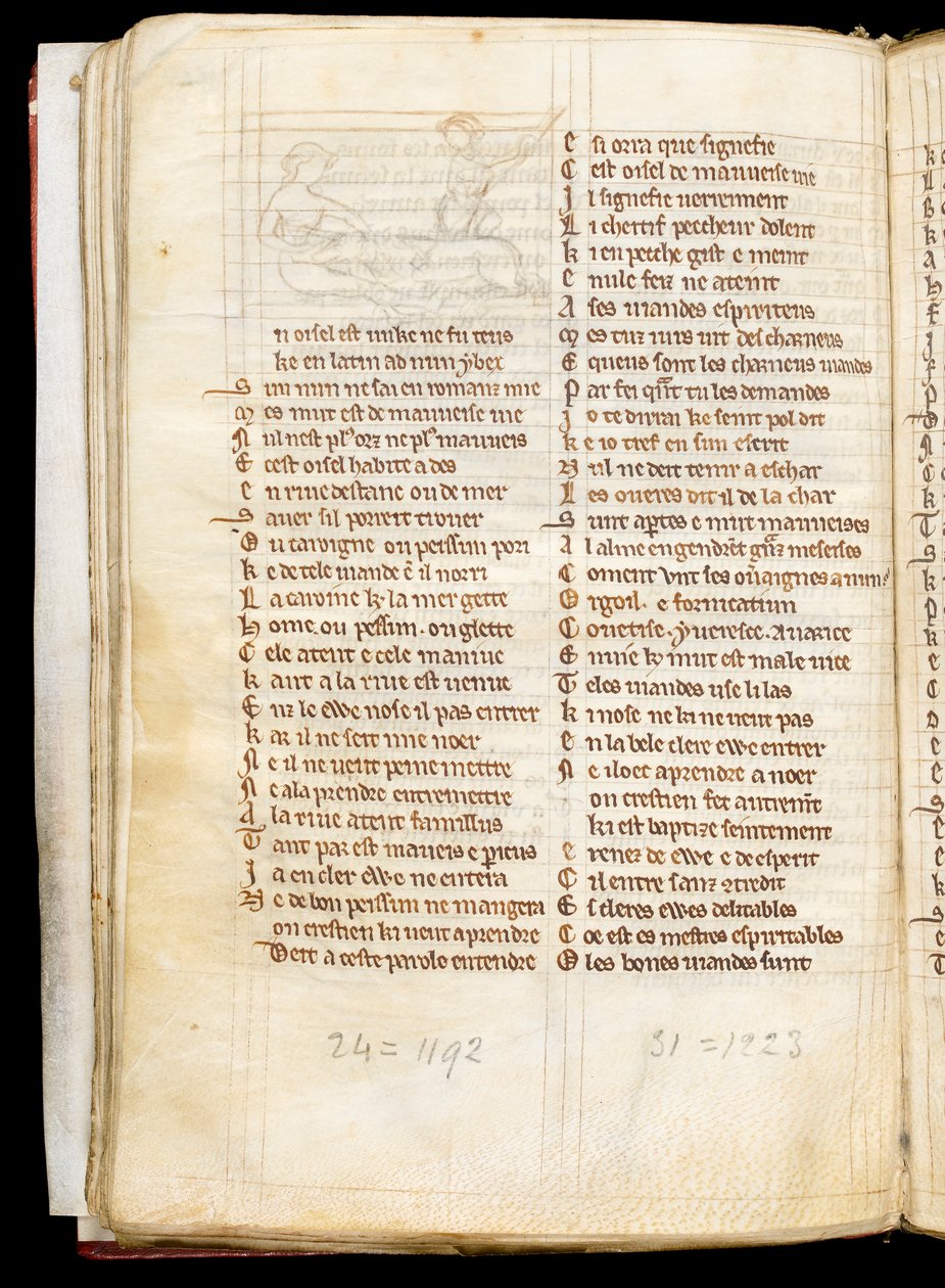 MS McClean 123 f.40v Undertegning til en miniature, der viser en jæger, der fanger en enhjørning, der ligger nøgen i en jomfrus skød, fra The Nuneaton Book, ca. 1280-1300 (blæk på pergament) af English School