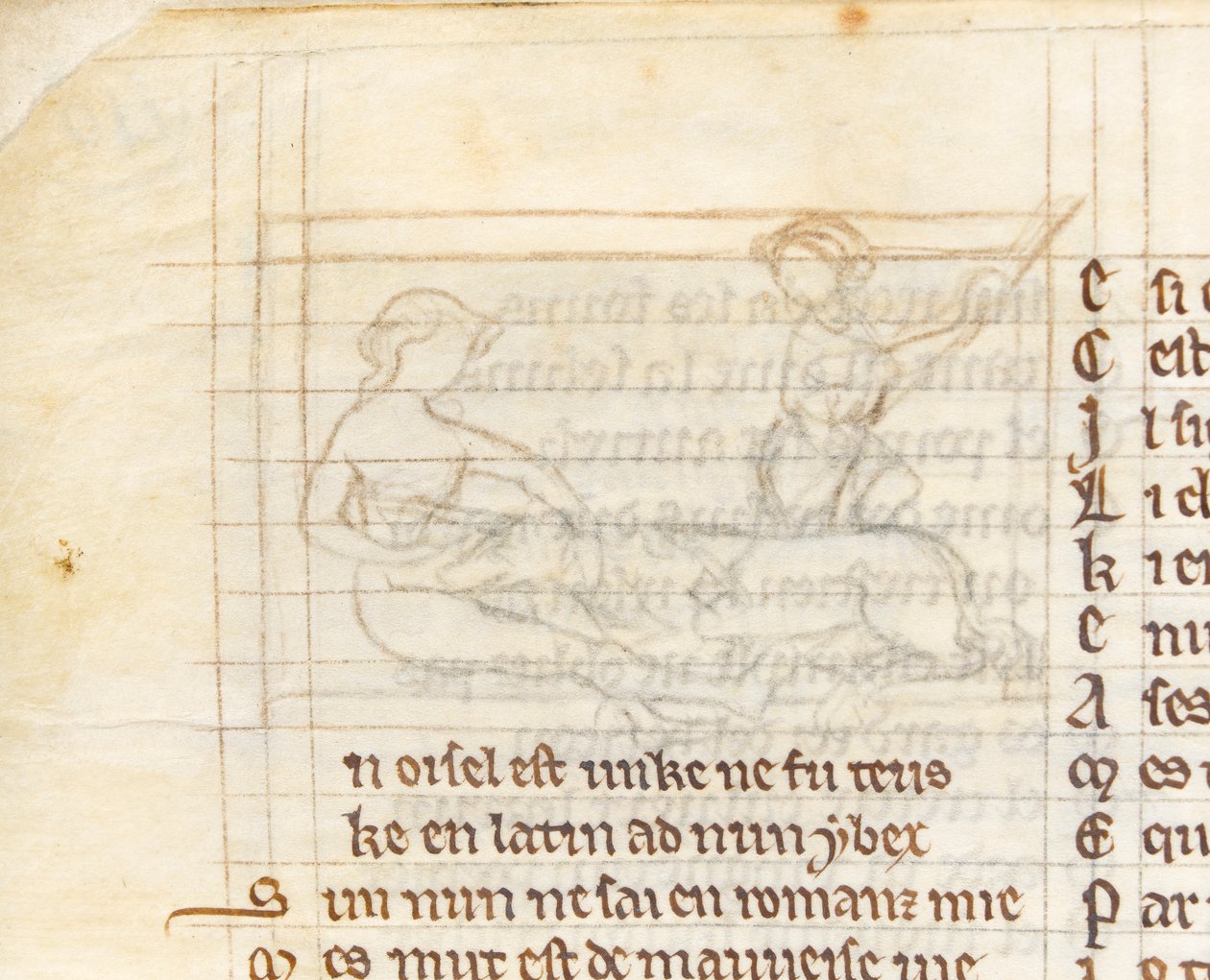 MS McClean 123 f.40v Undertegning til en miniature, der viser en jæger, der fanger en enhjørning, der ligger nøgen i en jomfrus skød, fra 