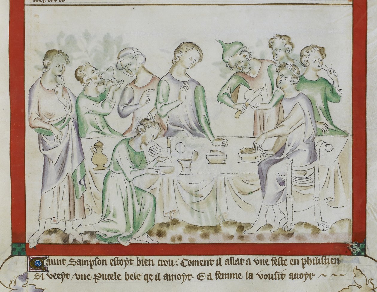MS Royal 2 BVII, f.43 Samson og Delilas møde ved en filisterfest, detalje fra 