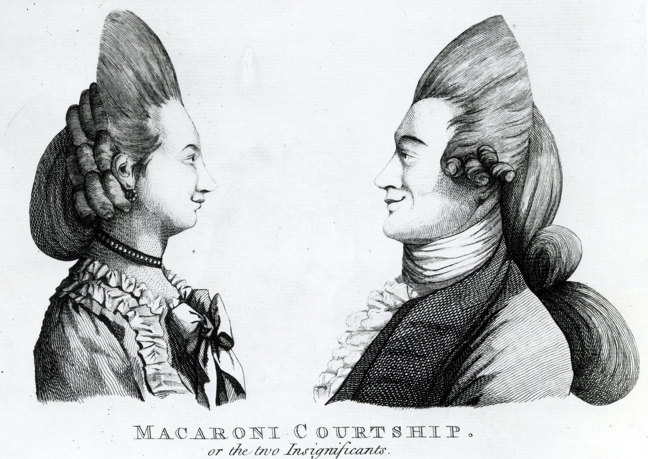 Macaroni Courtship, or the two Insignificants, udgivet af M. Darly, 1772 (mezzotint) af English School