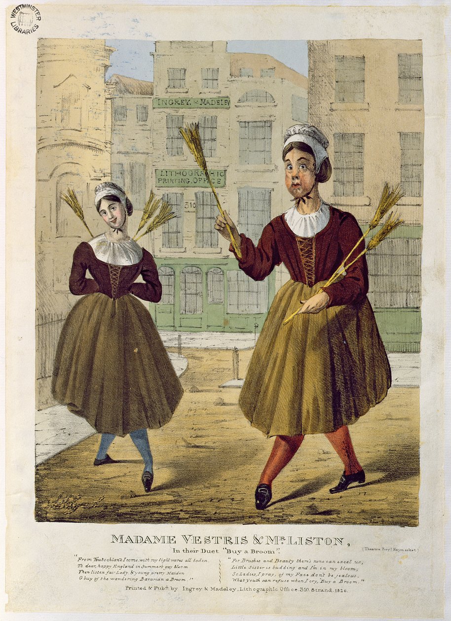 Madame Vestris og Mr Liston i deres Duet Buy a Broom, pub. af Ingrey & Madeley, 1826 af English School