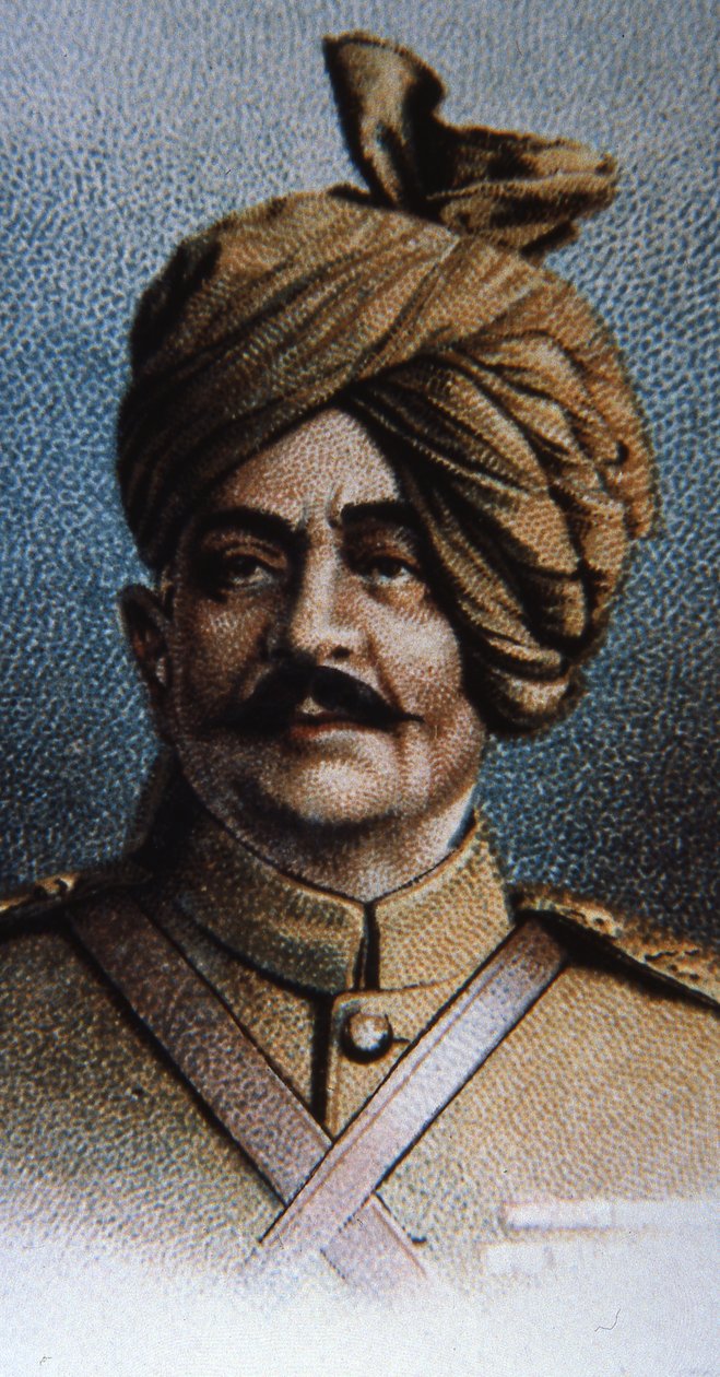 Maharajah Sir Pertab Singh, oberst for Jodhpur Lancers (farve litho) af English School