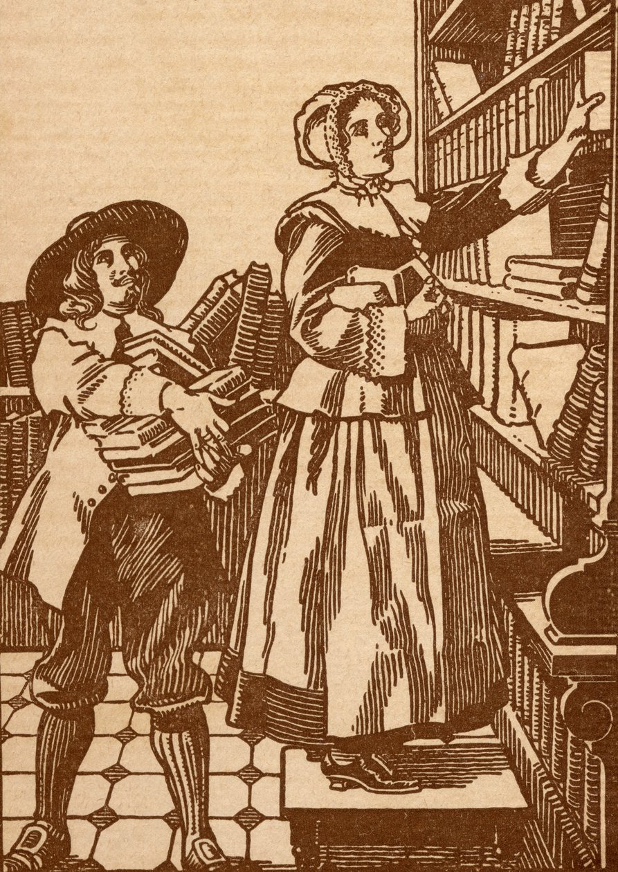 Mandlige og kvindelige boghandlere arbejder i en boghandel fra det 17. århundrede (litografi) af English School