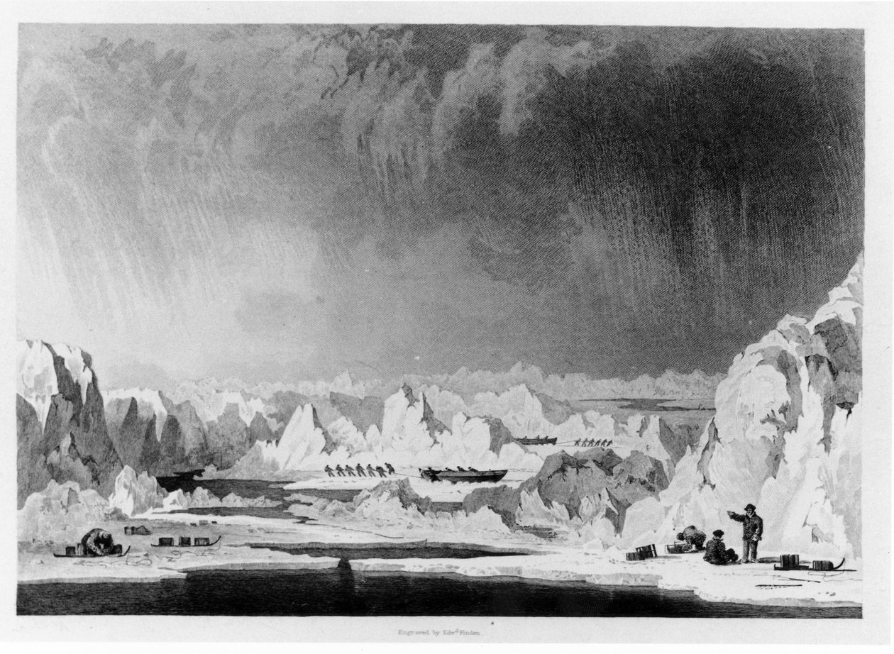 Mandshåndtering af bådene gennem ispukler, illustration fra Narrative of an Attempt to Reach the North Pole af William Parry, indgraveret af Edward Finden (1791-1857) udgivet 1828 (bw ph) af English School
