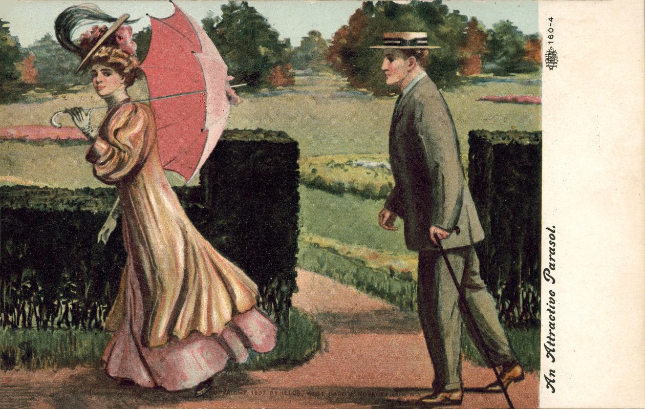 Mand tiltrukket af kvinde med parasol (farvelitografi) af English School