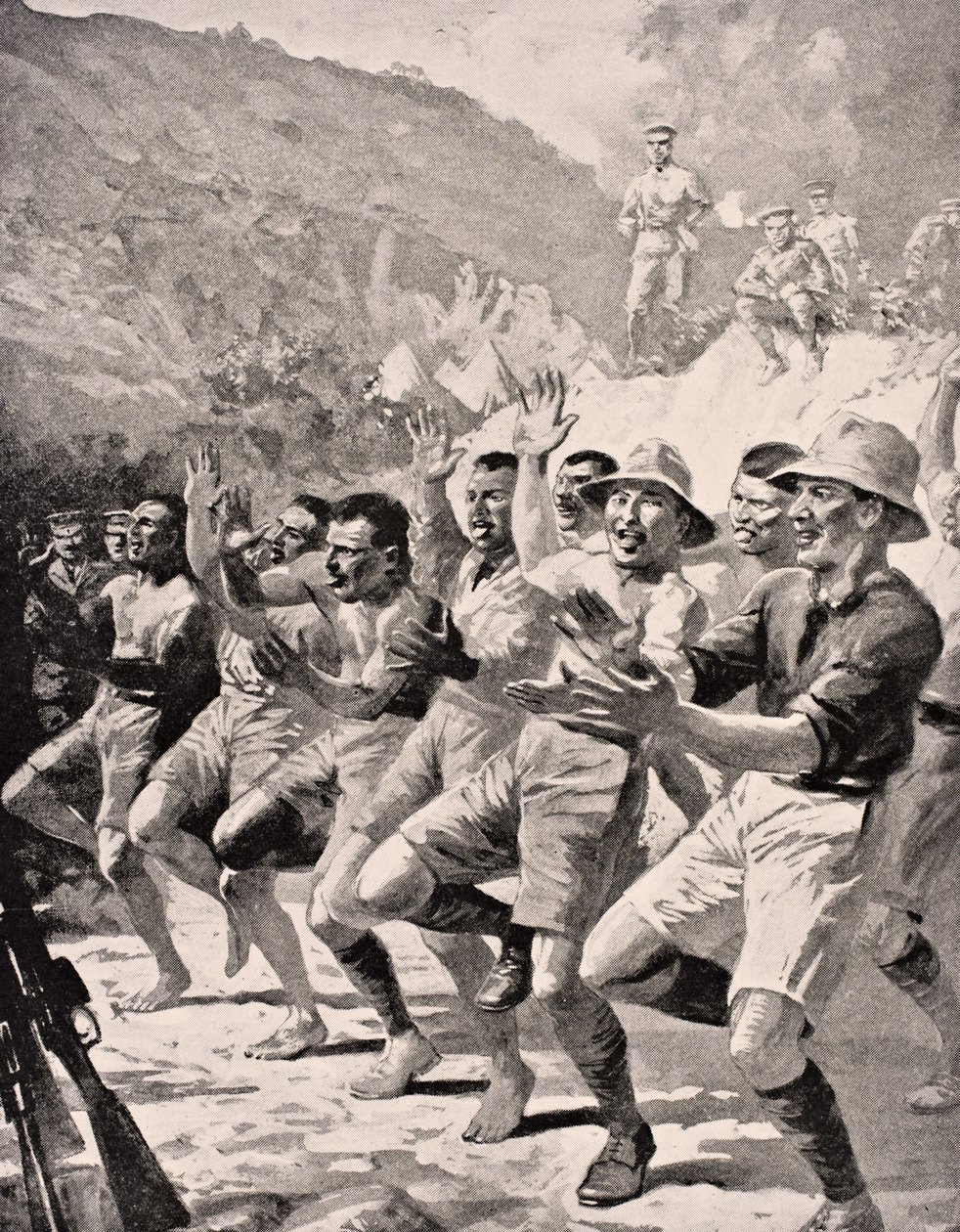 Maori-soldater udfører en Haka ved Gaba Tepe på Gallipoli-halvøen, Tyrkiet 1915, fra 