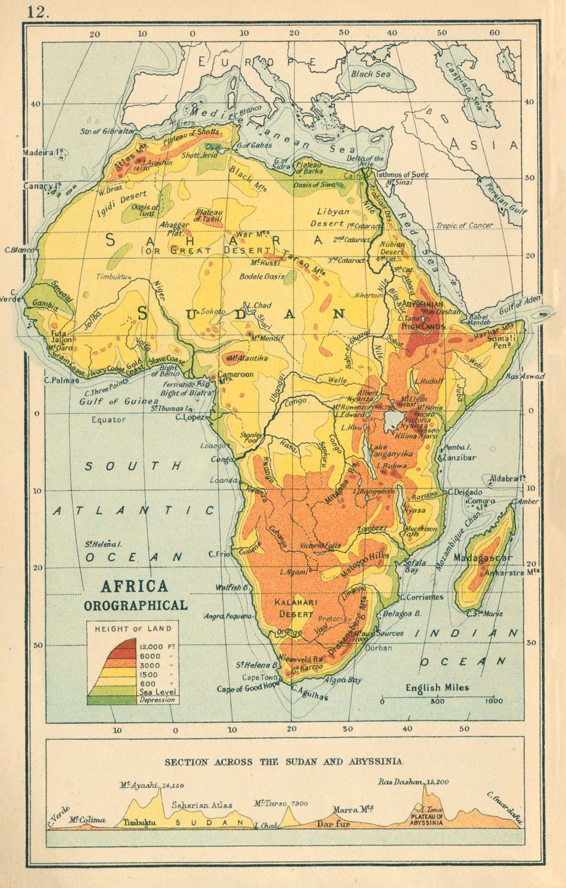 Kort: Afrika Orografisk (farvelitografi) af English School