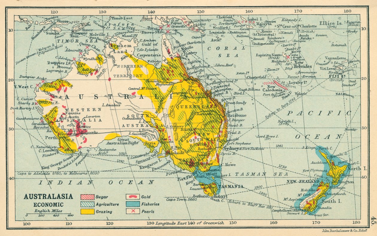 Kort: Australasien, økonomisk (farvelitografi) af English School
