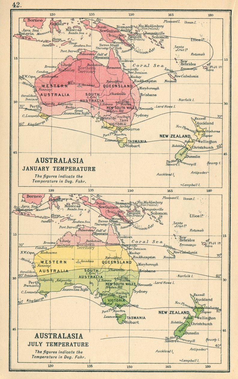 Kort: Australasien, januar-temperatur, juli-temperatur (farvelitografi) af English School