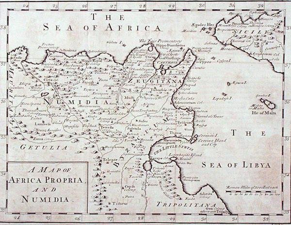 Kort over Afrika Propria og Numidia (Moderne Tunesien og Algeriet) slutningen af det 18. århundrede (gravering) af English School
