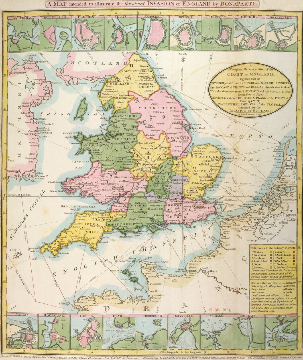 Kort over Storbritannien, der illustrerer den truede invasion af Napoleon Bonaparte (1769-1821) 1803 (farve litho) af English School