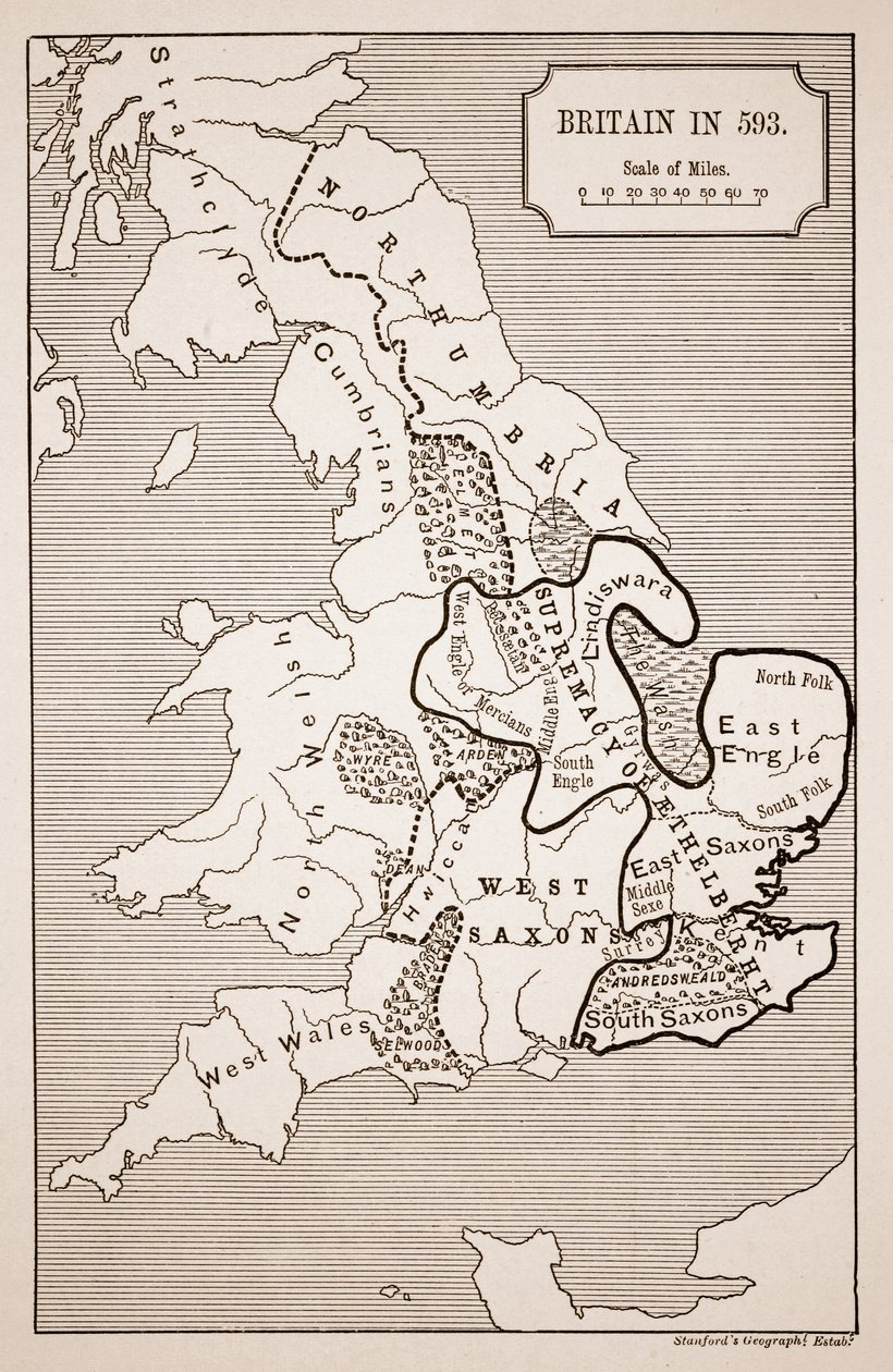 Kort over Storbritannien i 593, trykt af Stanfords Geographical Establishment af English School