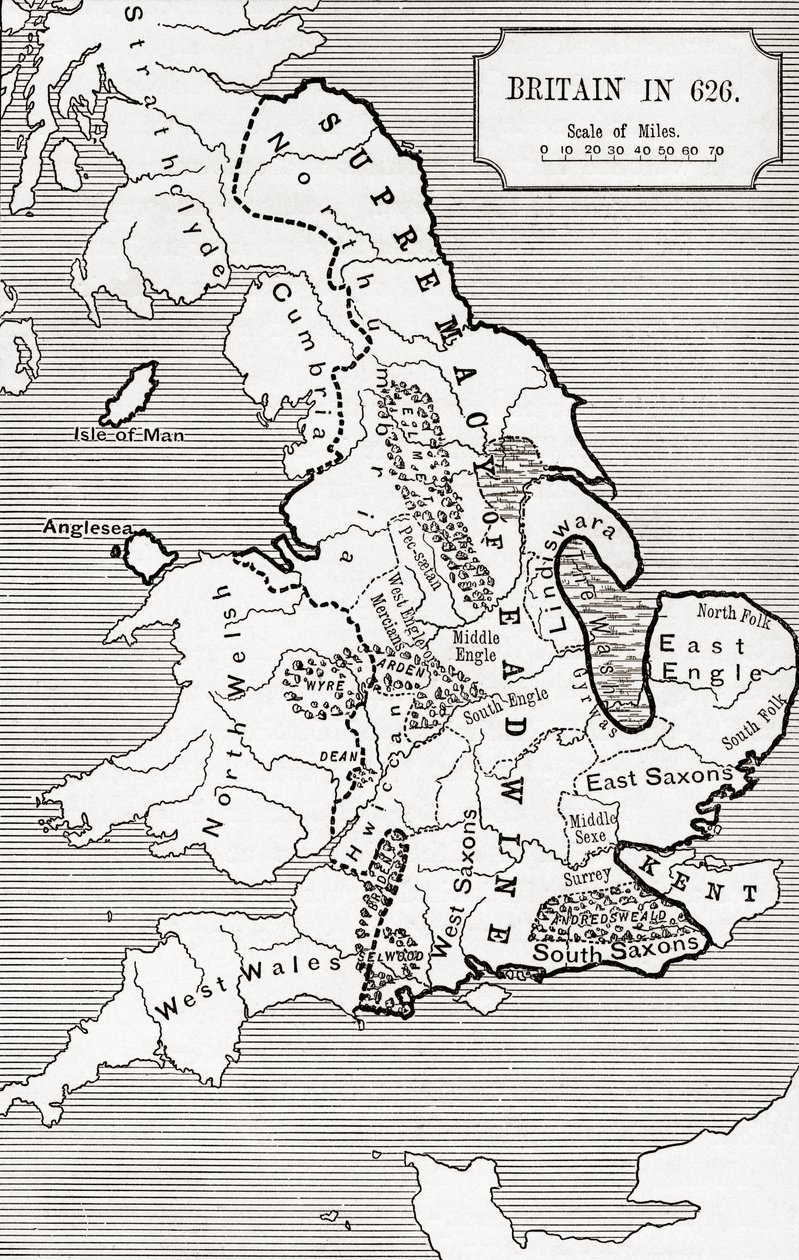 Kort over Storbritannien i 626, fra The Northumbrian Kingdom 588 til 685 i 
