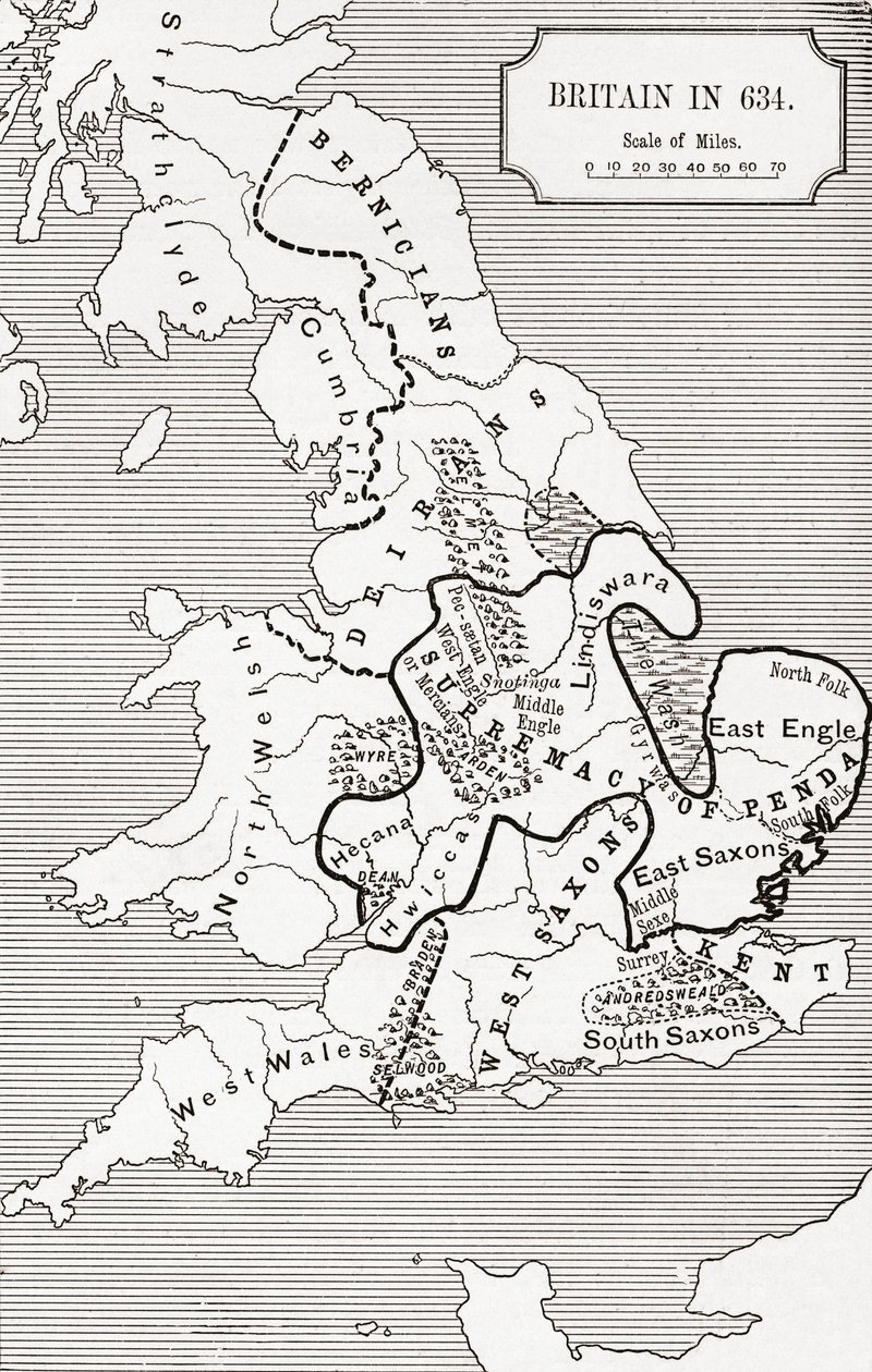 Kort over Storbritannien i 634, fra The Northumbrian Kingdom 588 til 685 i 