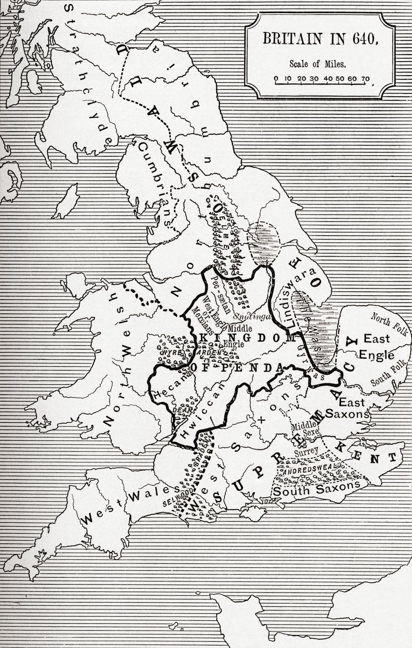 Kort over Storbritannien i 640, fra The Northumbrian Kingdom i 