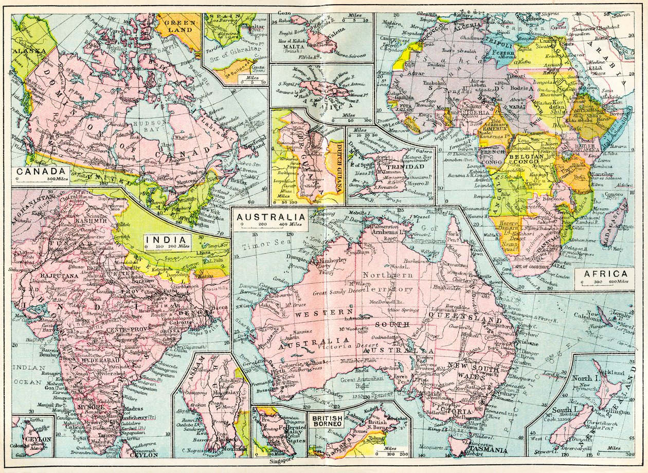 Kort over britiske besiddelser i 1914 ved udbruddet af WWI, fra The British Empire Universities Modern English Illustrated Dictionary, pub.1914 af English School