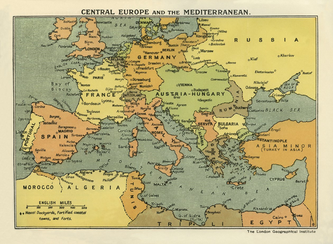 Kort over Centraleuropa og Middelhavet, fra 