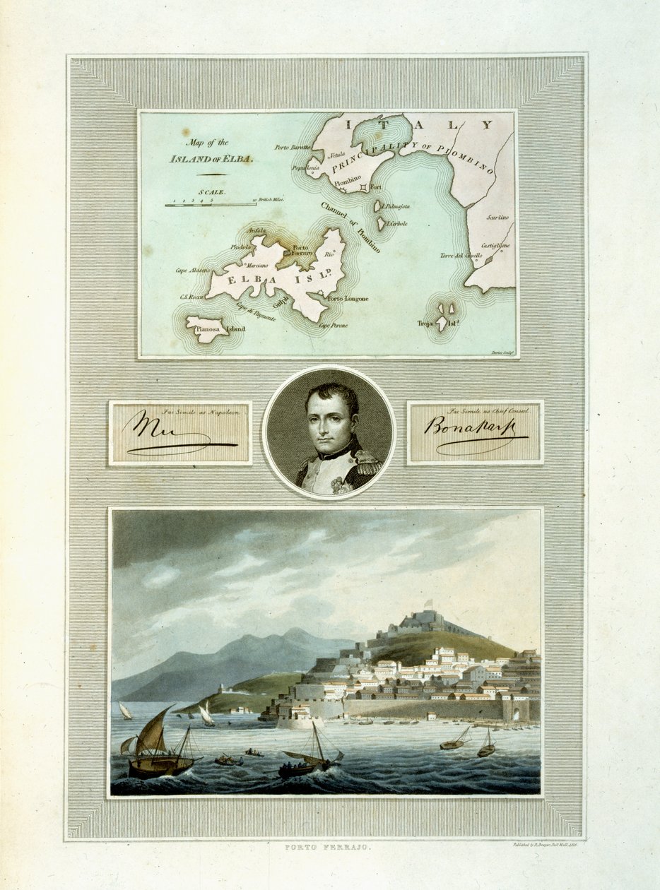 Kort over Elba og udsigt over Porto Ferraio med portræt af Napoleon og faksimile af hans signatur, 1815 (farvegravering) af English School