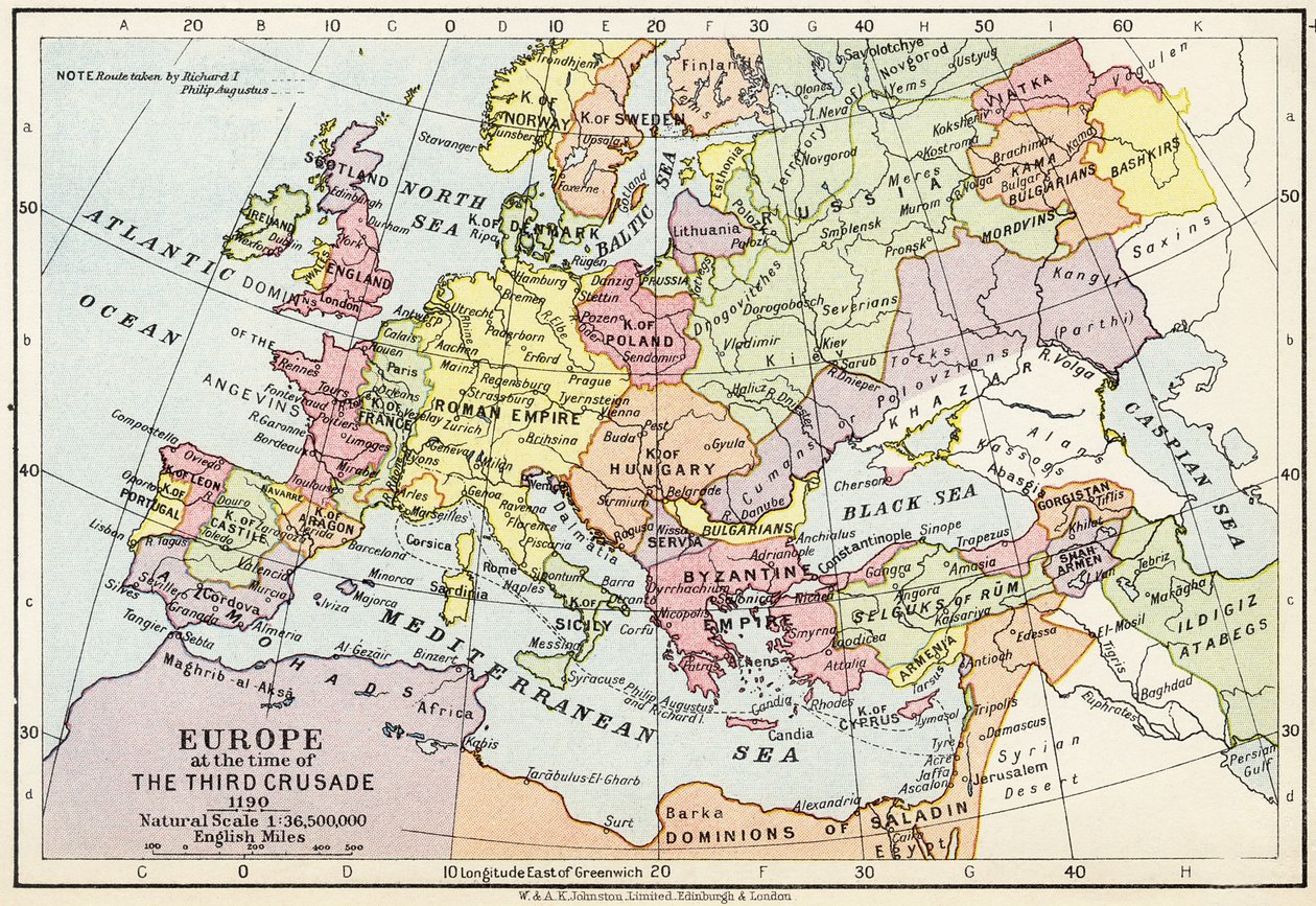 Kort over Europa på tidspunktet for det tredje korstog, 1190, fra 