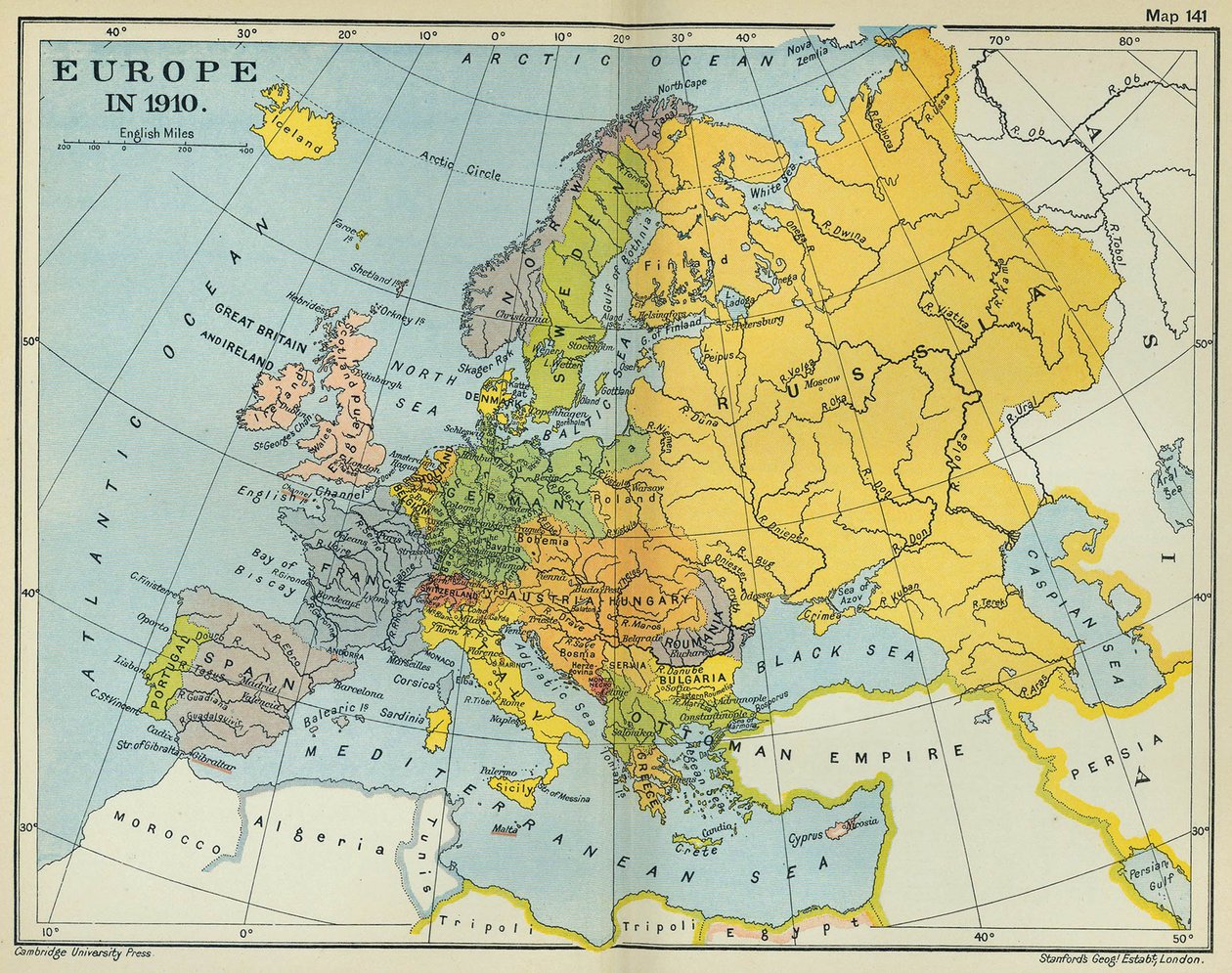 Kort over Europa i 1910 (farve litho) af English School