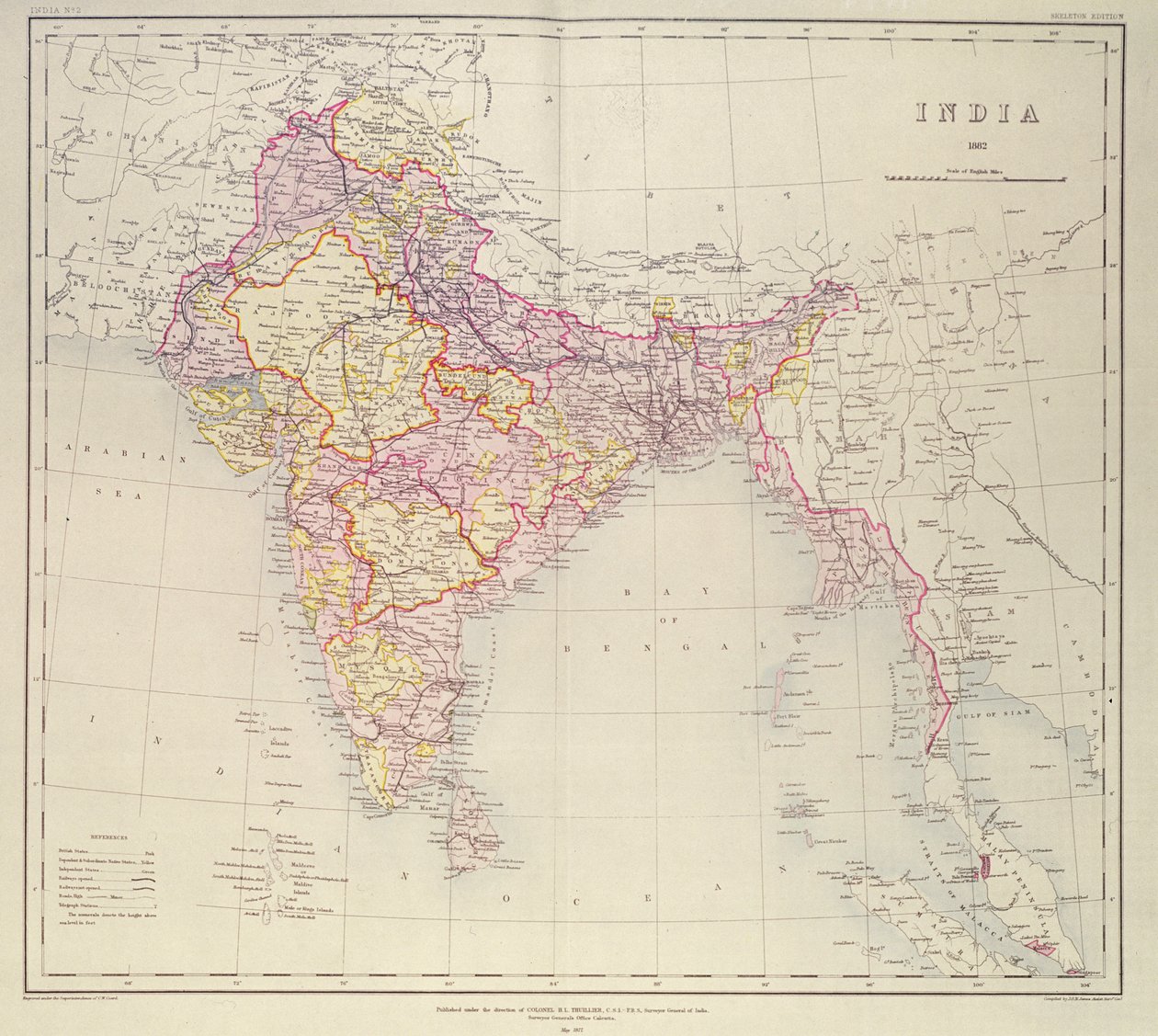 Kort over Indien, udgivet under ledelse af oberst H.R. Thuillier, R.E., Surveyor General of India, 1882 af English School