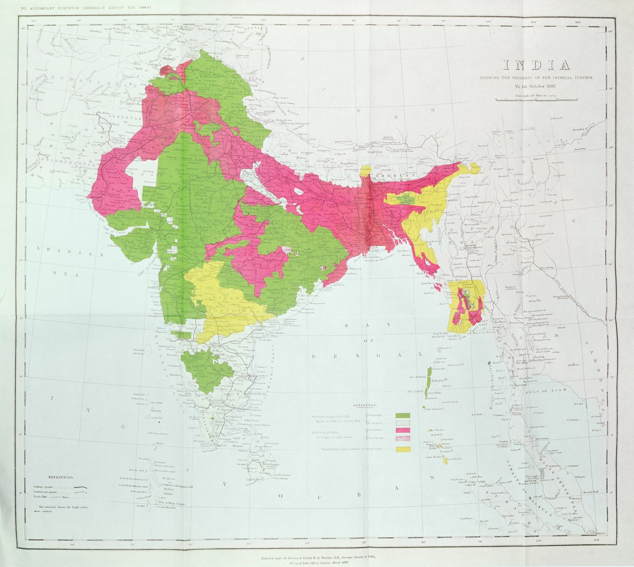 Kort over Indien, der viser fremskridtene for de kejserlige undersøgelser, udgivet under ledelse af oberst H.R. Thuillier, R.E., Indiens landinspektør, 1888 af English School