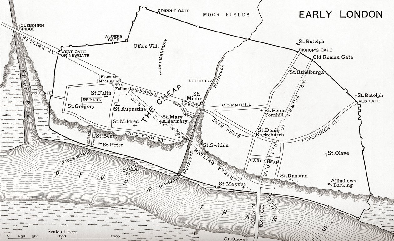 Kort over London i det 11. århundrede, fra "A Short History of the English People" af J. R. Green, udgivet i 1893 af English School