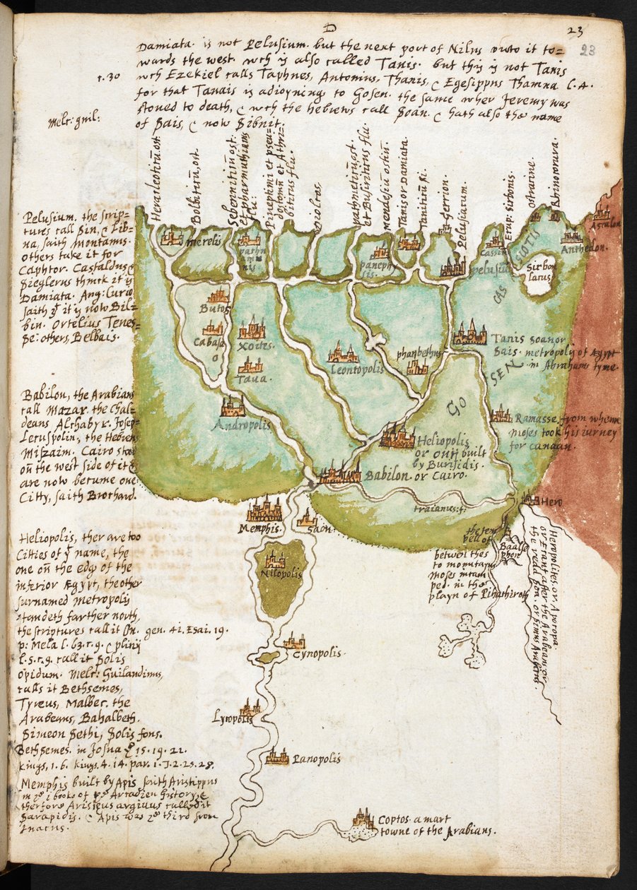 Kort over Nedre Egypten, fra Sir Walter Raleighs notesbog (1552-1618), ca. 1606-08 (pen og blæk på papir) af English School