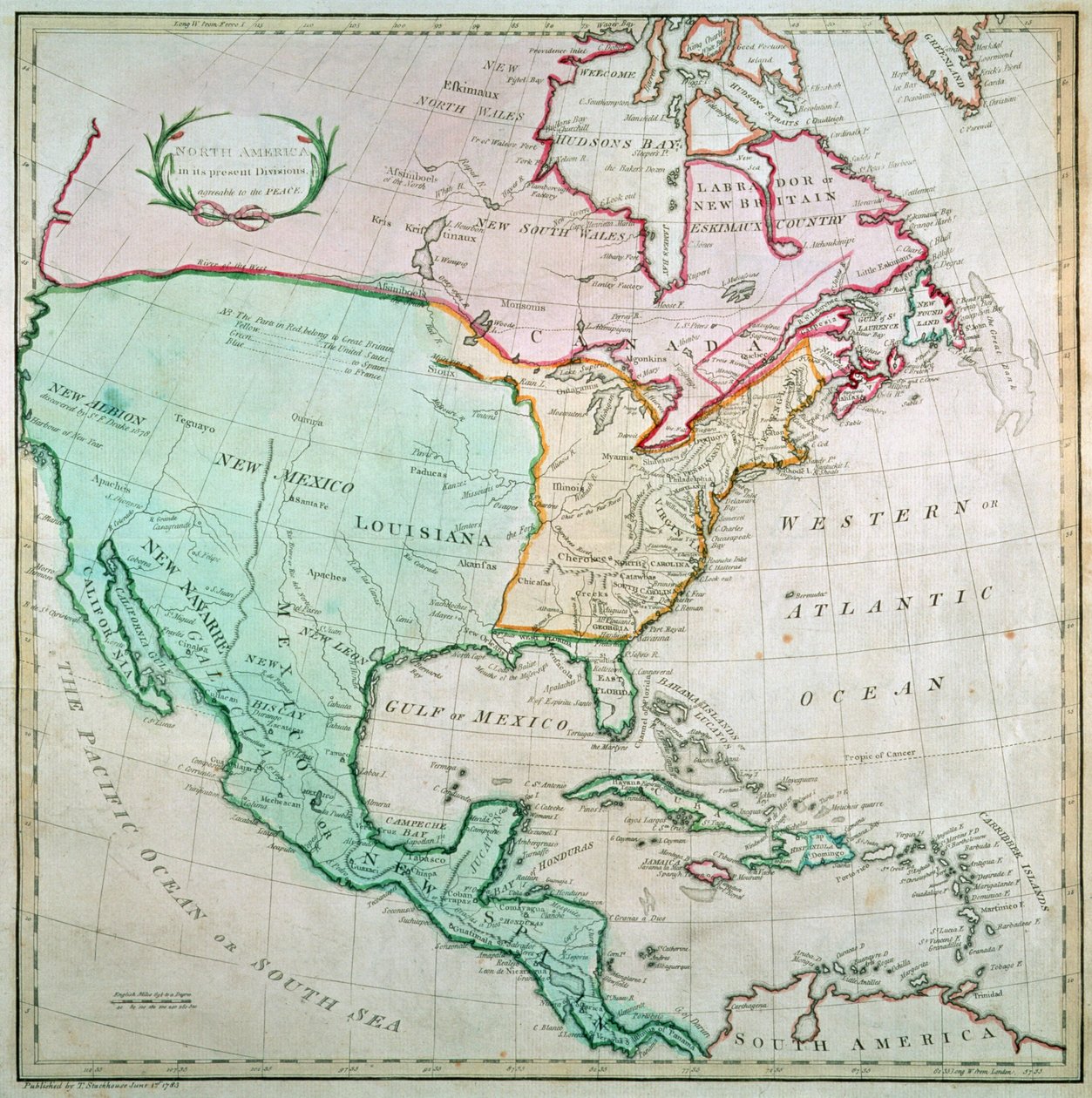 Kort over Nordamerika, udgivet af T. Stackhouse, 1783 af English School