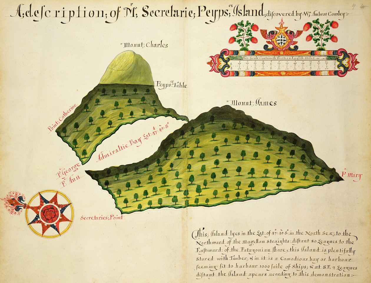 Kort over Secretaire- og Pepys-øerne i Magellan-strædet, ca. 1628 (pen, blæk og akvarel på papir) af English School