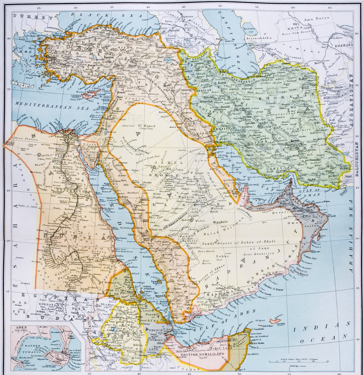 Kort over Tyrkiet, Afrikas Mellemøstlige Horn og Den Persiske Golf i 1890