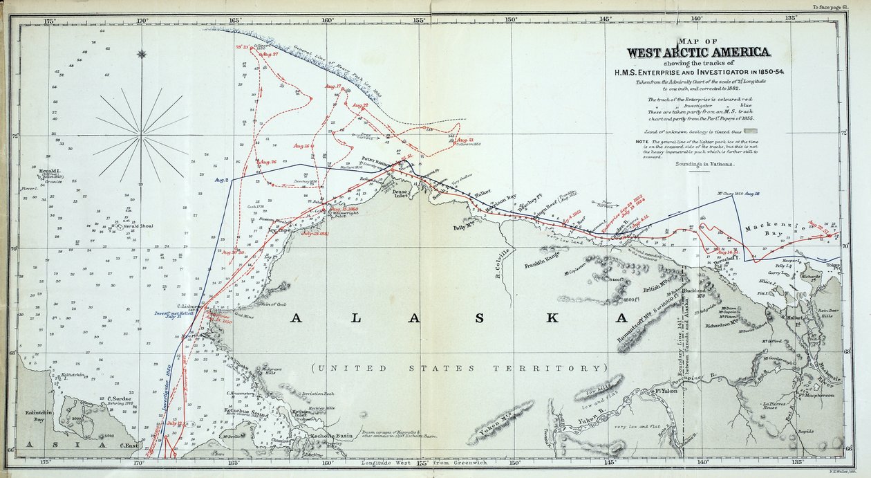 Kort over Vestarktisk Amerika, der viser sporene fra HMS Enterprise og Investigator i 1850-1854 af English School