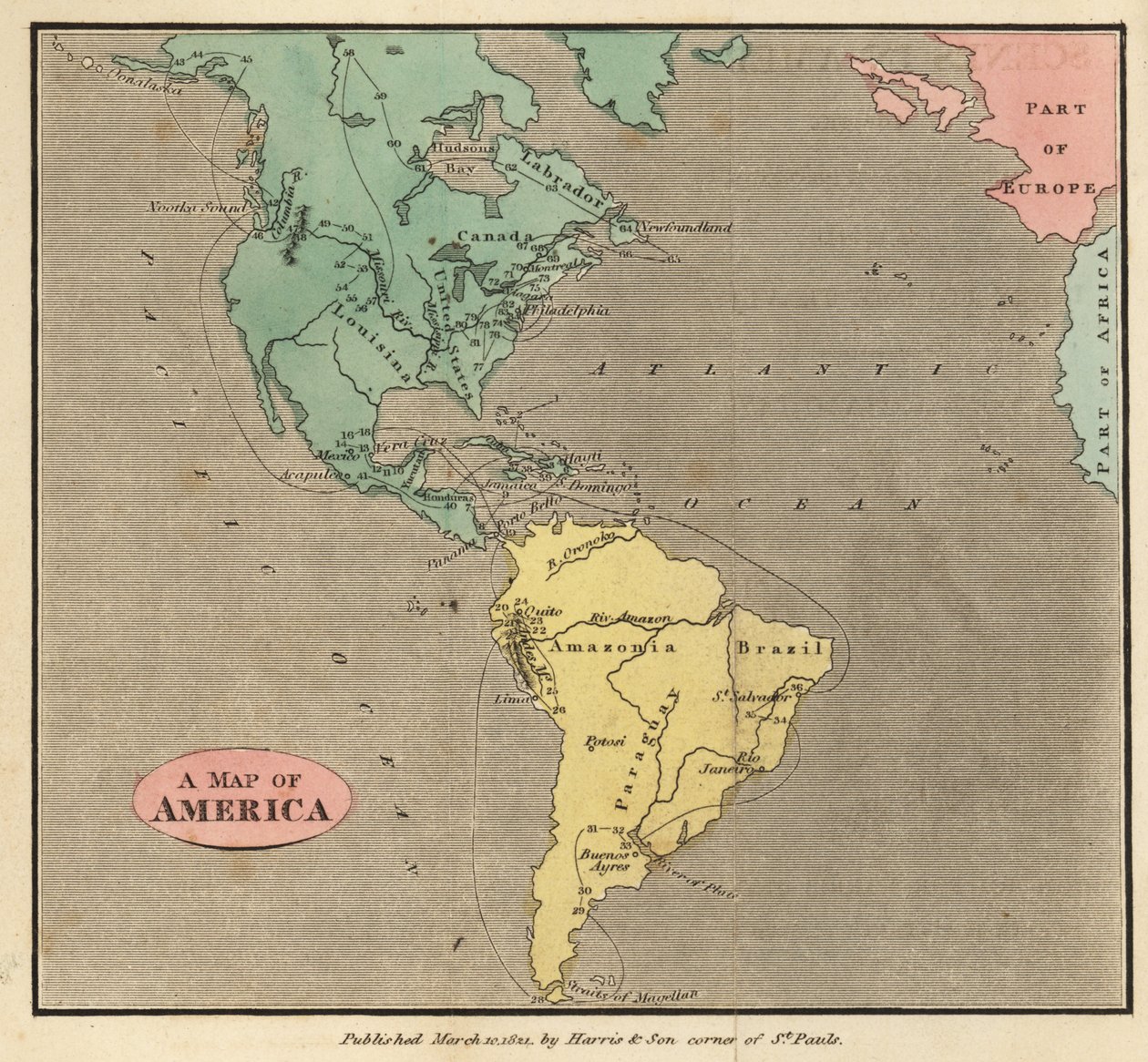 Kort over Nord- og Sydamerika, ca. 1821 af English School