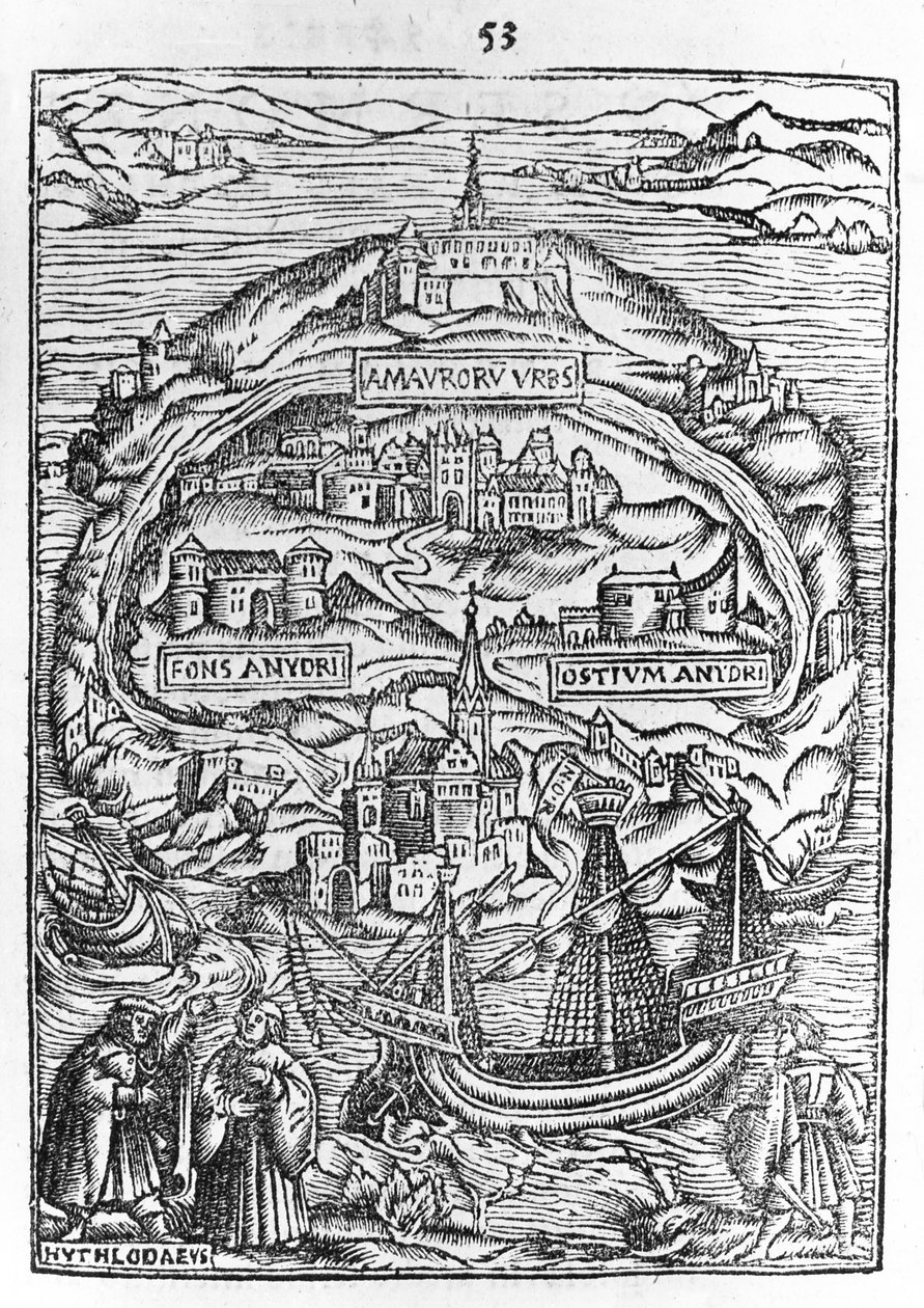 Kort over øen Utopia, bogfrontispice, 1563 af English School