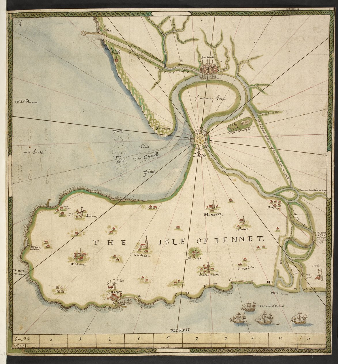 Kort over Isle of Thanet og Sandwich Marsh, baseret på en plan af John Rogers, ca. 1610 (pen, blæk og akvarel på papir) af English School