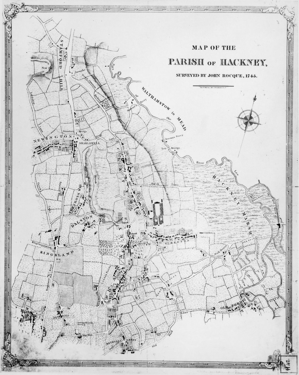Kort over Hackney Parish, opmålt af John Rocque (ca. 1709-1762) 1745 af English School